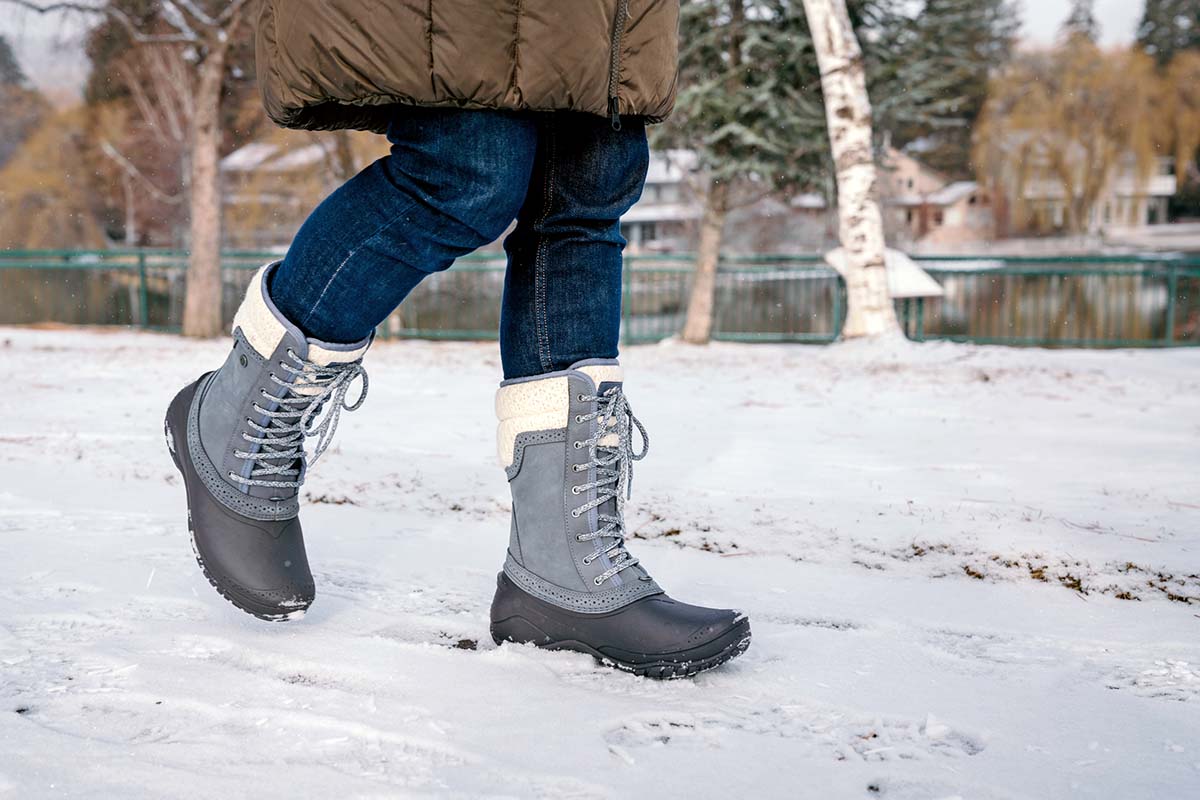 Walking in the city park in The North Face Shellista II women's winter boot